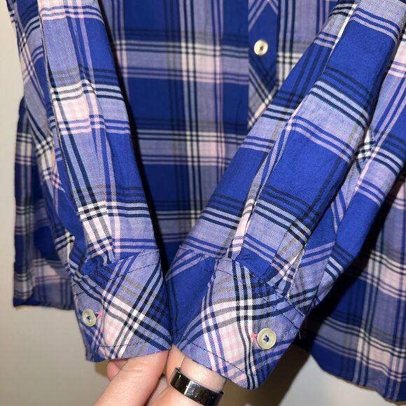 Talbots Petite XLP Collared LS Button Womens Down Shirt Blue Pink Plaid EUC - Picture 4 of 11